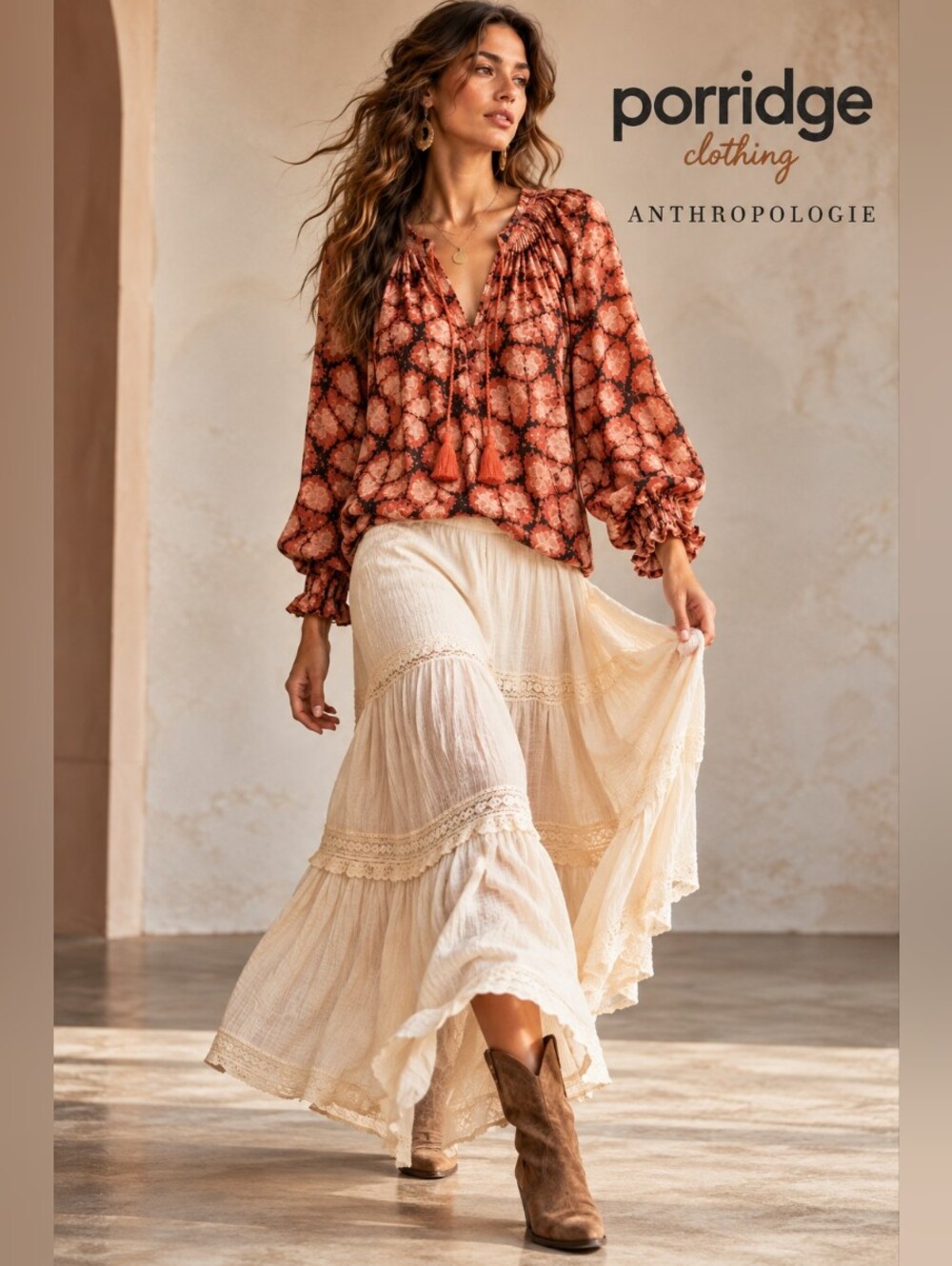 Porridge Anthropologie Elisabeth Floral Peasant Blouse Tassel Tie Size S